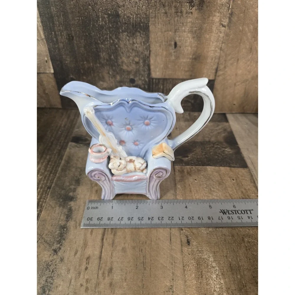 Vintage Periwinkle Blue Ceramic Armchair Creamer Pitcher Sleeping Cat Gold Trim